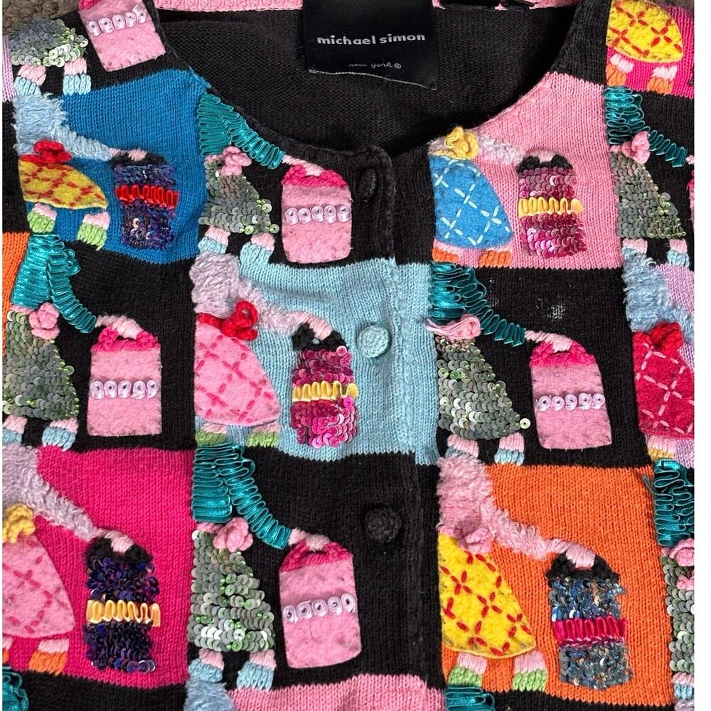 Vintage Michael Simon Patchwork Appliqu Knit Card… - image 7